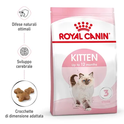Royal Canin Kitten Up to 12 months, crocchette per gattini, difese naturali ottimali, sviluppo cerebrale, crocchette di dimensione adattata, confezione rosa con gatto.