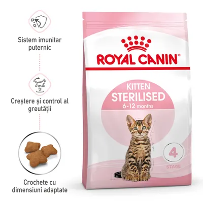 Pachet Royal Canin Kitten Sterilised 6–12 months, imagine cu pisoi, mențiuni: sistem imunitar puternic, creștere și control al greutății, crochete cu dimensiuni adaptate, stage 4.
