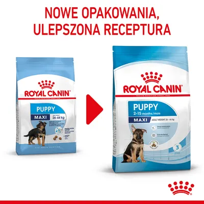 Royal Canin Puppy Maxi 26–44 kg – porównanie starego i nowego opakowania, napis: Nowe opakowania, ulepszona receptura. Na obu widoczny pies i informacje o wadze.