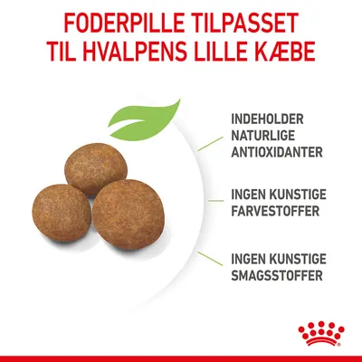 Foderpille tilpasset til hvalpens lille kæbe. Indeholder naturlige antioxidanter, ingen kunstige farvestoffer, ingen kunstige smagsstoffer.