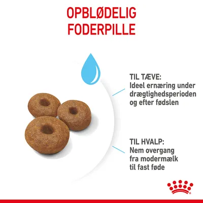 Opblødelig foderpille. Til tæve: Ideel ernæring under drægtighedsperioden og efter fødslen. Til hvalp: Nem overgang fra modermælk til fast føde.