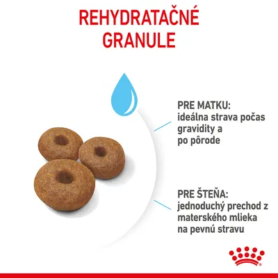 Rehydratačné granule. Pre matku: ideálna strava počas gravidity a po pôrode. Pre šteňa: jednoduchý prechod z materského mlieka na pevnú stravu.