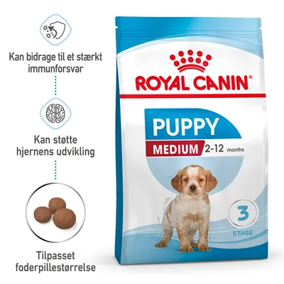 Royal Canin Puppy Medium 2–12 months. Kan bidrage til et stærkt immunforsvar, kan støtte hjernens udvikling, tilpasset foderpillesstørrelse. 3 Stage.