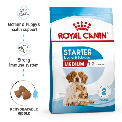 Product image showing Royal Canin Starter Mother & Babydog Medium, 1-2 months, with features: health support, strong immune system, and rehydratable kibble.