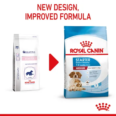 Image showing product packaging change from Royal Canin Pediatric Starter to Royal Canin Starter Mother & Babydog Medium, with text: New design, improved formula.