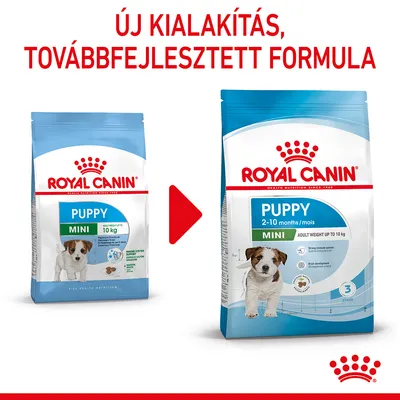 Royal Canin Puppy Mini kutyatáp csomagolás változás: bal oldalon régi, jobb oldalon új design, felül piros szöveg: Új kialakítás, továbbfejlesztett formula.