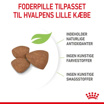 Foderpille tilpasset til hvalpens lille kæbe. Indeholder naturlige antioxidanter, ingen kunstige farvestoffer, ingen kunstige smagsstoffer.