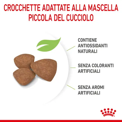 Crocchette adattate alla mascella piccola del cucciolo. Contiene antiossidanti naturali, senza coloranti artificiali, senza aromi artificiali.