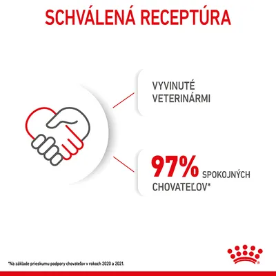 Schválená receptúra, vyvinuté veterinármi, 97 % spokojných chovateľov. Na základe prieskumu v rokoch 2020 a 2021. Royal Canin.