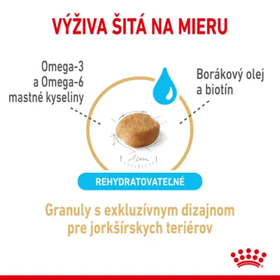 Granuly s exkluzívnym dizajnom pre jorkšírskych teriérov, omega-3 a omega-6 mastné kyseliny, borákový olej a biotín, rehydratovateľné. Výživa šitá na mieru.