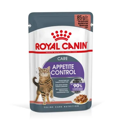Sachet Royal Canin Care Appetite Control 85 g, bouchées en sauce pour chats adultes stérilisés. Texte visible : 'over 90% of owners reported controlled begging in 4 weeks'.