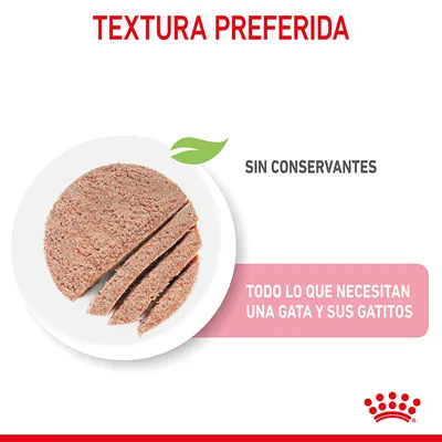 Textura preferida, sin conservantes. Todo lo que necesitan una gata y sus gatitos. Imagen de alimento húmedo en rodajas sobre plato blanco.