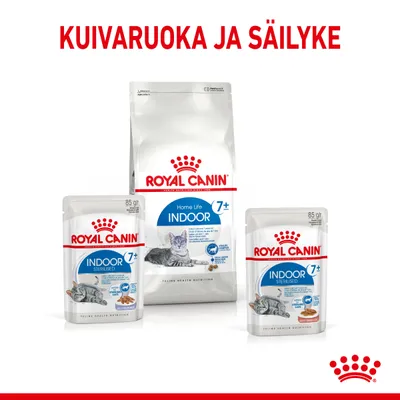 Royal Canin Indoor 7+ kuivaruoka ja säilyke kissoille, pakkauksissa näkyy teksti 'INDOOR 7+', kissan kuva sekä tuotemerkki. Ylhäällä teksti: KUIVARUOKA JA SÄILYKE.