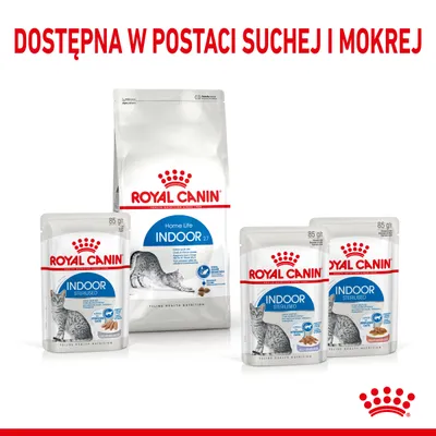 Royal Canin Indoor dostępna w postaci suchej i mokrej. Opakowania karmy: duża torba Home Life Indoor 27 oraz saszetki Indoor Sterilised 85 g.