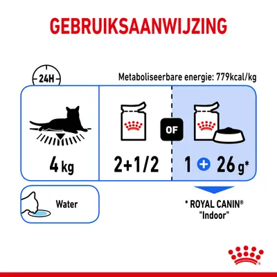Gebruiksaanwijzing voor kat van 4 kg: dagelijks 2,5 porties natvoer of 1 portie natvoer plus 26 g droogvoer. Metaboliseerbare energie: 779 kcal/kg. Water altijd beschikbaar.