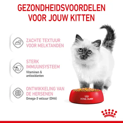 Gezondheidsvoordelen voor jouw kitten: zachte textuur voor melktanden, sterk immuunsysteem met vitaminen & antioxidanten, ontwikkeling van de hersenen met omega-3 vetzuur (DHA).