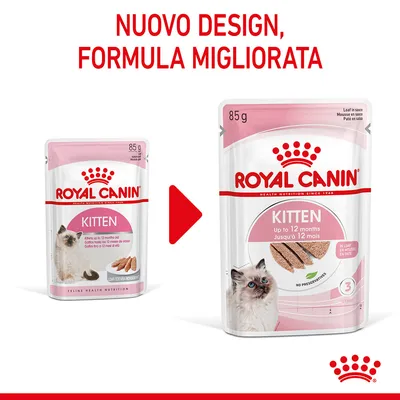 Royal Canin Kitten 85 g, nuovo design e formula migliorata. Due confezioni visibili con testo: 'Up to 12 months', 'No preservatives', immagine di un gatto cucciolo.