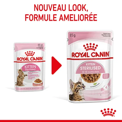 ROYAL CANIN Kitten Sterilised 85 g, ancien et nouveau packaging, mention « Nouveau look, formule améliorée », pour chatons stérilisés 6–12 mois, sans conservateurs visibles sur l’emballage.