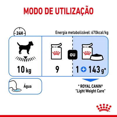 Modo de utilização para cão de 10 kg: 9 saquetas ou 1 saqueta mais 143 g de ração seca Royal Canin Light Weight Care por dia. Energia metabolizável: 670 kcal/kg. Água disponível.
