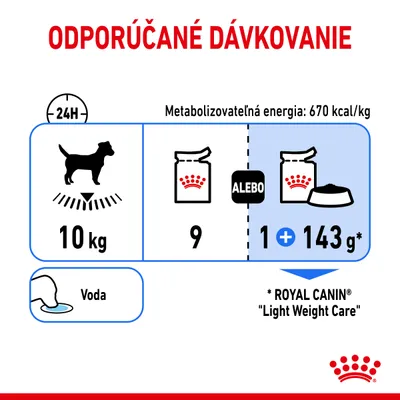 Odporúčané dávkovanie pre psa 10 kg: 9 porcií alebo 1 porcia plus 143 g krmiva Royal Canin Light Weight Care, metabolizovateľná energia 670 kcal/kg, voda k dispozícii.