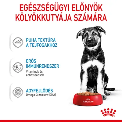 Egészségügyi előnyök kölyökkutyája számára: puha textúra a tejfogakhoz, erős immunrendszer vitaminokkal és antioxidánsokkal, agyfejlődés omega-3 zsírsavval (DHA). Royal Canin tál.