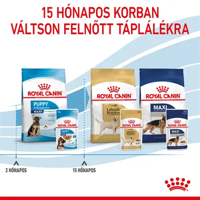 Royal Canin kutyatáp csomagok: Puppy 2–15 hónapos korig, felnőtt Labrador Retriever és Maxi Adult tápok. Felirat: 15 hónapos korban váltson felnőtt táplálékra.