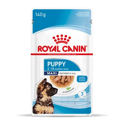 Royal Canin Puppy Maxi 140 g, 2–15 mois, poids adulte 26–44 kg, bouchées en sauce, sans conservateurs, photo d’un chiot et croquettes visibles sur l’emballage.
