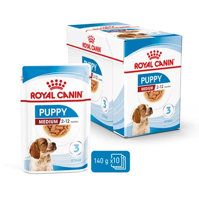Puppy food for medium breeds, stage 3, for ages 2-12 months. Pack contains 10 pouches of 140g each.