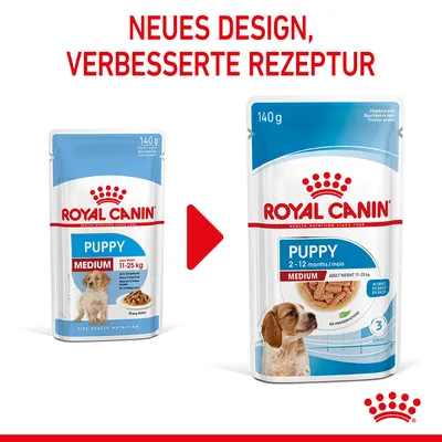 Comparaison de deux sachets Royal Canin Puppy Medium 140 g, ancien et nouveau design. Texte en haut : NEUES DESIGN, VERBESSERTE REZEPTUR (allemand). Indication poids adulte 11–25 kg.