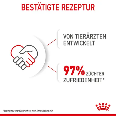 Texte en allemand : BESTÄTIGTE REZEPTUR, VON TIERÄRZTEN ENTWICKELT, 97% ZÜCHTER ZUFRIEDENHEIT. Mention légale en bas et logo Royal Canin.