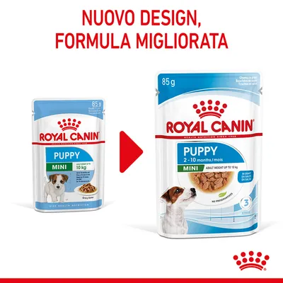 Royal Canin Puppy Mini 85 g, nuovo design e formula migliorata. Confezioni a confronto: vecchia a sinistra, nuova a destra con indicazione 2–10 mesi e peso adulto fino a 10 kg.