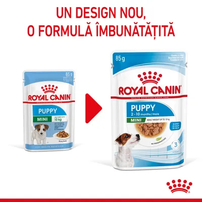 Royal Canin Puppy Mini 85 g, ambalaj vechi și nou, text vizibil: 'Un design nou, o formulă îmbunătățită', pentru câini până la 10 kg, vârsta 2–10 luni, fără conservanți.