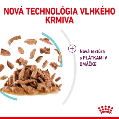 Nová technológia vlhkého krmiva. Nová textúra s plátkami v omáčke. Zobrazené kúsky mäsa v omáčke. Royal Canin.