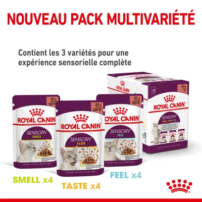 Royal Canin Sensory pack multivariété pour chats, 12 sachets de 85 g : 4 Smell, 4 Taste, 4 Feel. Contient les 3 variétés pour une expérience sensorielle complète.