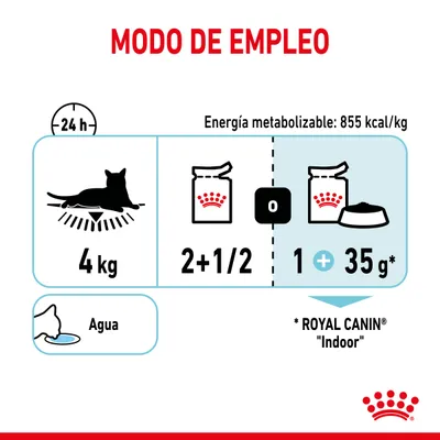 Modo de empleo para gato de 4 kg: 2+1/2 sobres o 1 sobre más 35 g de pienso Royal Canin Indoor al día. Energía metabolizable: 855 kcal/kg. Agua disponible.