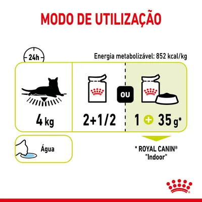 Modo de utilização: para gato de 4 kg, dar 2+1/2 saquetas ou 1 saqueta mais 35 g de Royal Canin Indoor seco por dia. Energia metabolizável: 852 kcal/kg. Água disponível.