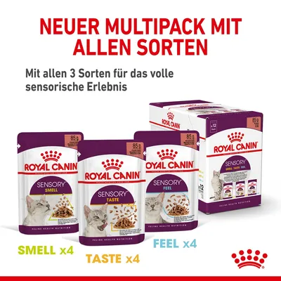 Royal Canin Sensory Multipack mit allen 3 Sorten: Smell x4, Taste x4, Feel x4. Mit 12 Portionsbeuteln à 85g für ein sensorisches Erlebnis.