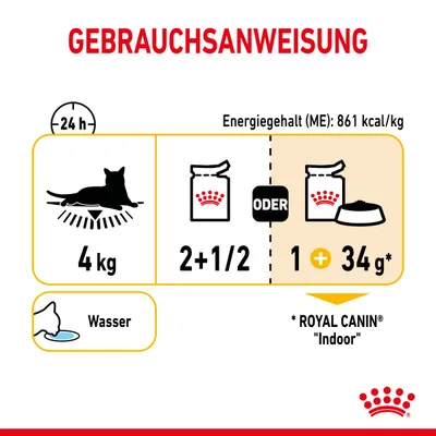 Gebrauchsanweisung für Royal Canin Indoor: Tagesration für eine 4kg Katze, 2+1/2 Beutel oder 1 Beutel + 34g Trockenfutter. Energiegehalt: 861 kcal/kg. Wasser bereitstellen.