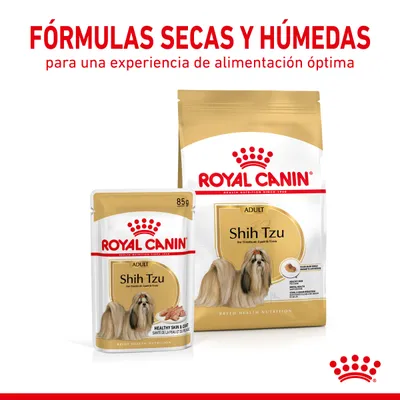 Royal Canin Shih Tzu Adult, fórmulas secas y húmedas. Texto visible: 'FÓRMULAS SECAS Y HÚMEDAS para una experiencia de alimentación óptima'. Envases con imagen de perro Shih Tzu.
