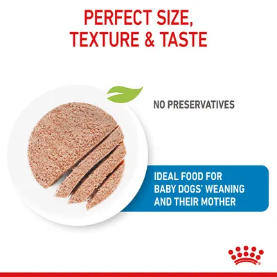 Text states perfect size, texture and taste, no preservatives, ideal food for baby dogs’ weaning and their mother. Image shows sliced food on a plate.