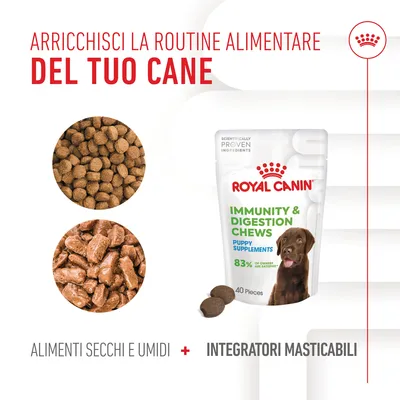 Royal Canin Immunity & Digestion Chews Puppy Supplements, 40 pezzi. Alimenti secchi e umidi più complementi alimentari masticabili per cani. Testo: arricchisci la routine alimentare del tuo cane.