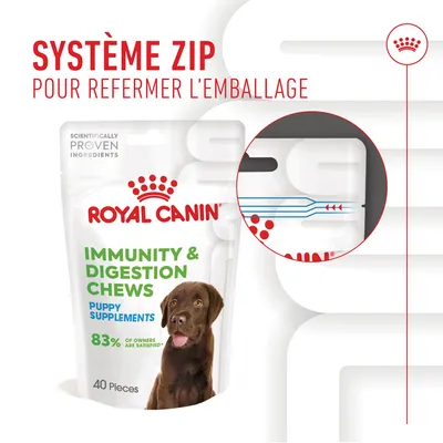 ROYAL CANIN Immunity & Digestion Chews Puppy Supplements, 40 pièces, système zip pour refermer l’emballage, 83 % of owners are satisfied* visible sur le sachet.