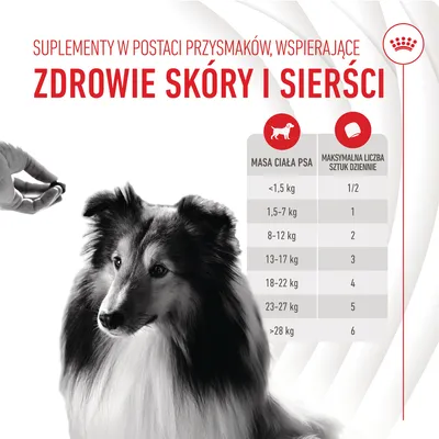 Suplementy w przysmakach wspierające zdrowie skóry i sierści. Tabela dawkowania: masa psa od <1,5 kg do >28 kg, maksymalnie 1/2 do 6 sztuk dziennie.