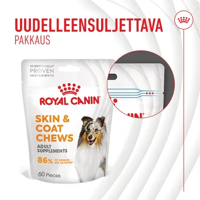 Royal Canin Skin & Coat Chews -pakkaus, uudelleensuljettava. Teksti: 86 % of owners are satisfied, 60 pieces, adult supplements, scientifically proven ingredients.
