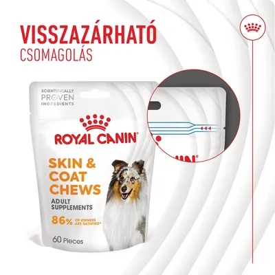 Royal Canin Skin & Coat Chews visszazárható csomagolás, 60 darab, 86% elégedett tulajdonos, felnőtt kiegészítő, kutya képe a csomagon