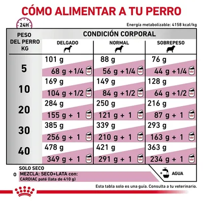 Tabla de alimentación para perros según peso (5–40 kg) y condición corporal (delgado, normal, sobrepeso), con cantidades diarias en gramos y mezcla seco+lata. Incluye nota: consulta a tu veterinario.