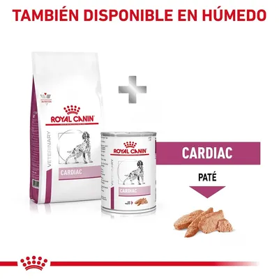 Pienso y lata de paté Royal Canin Veterinary Cardiac para perros, texto visible: 'TAMBIÉN DISPONIBLE EN HÚMEDO', 'CARDIAC', 'PATÉ'. Imagen del producto seco y húmedo.