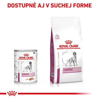 ROYAL CANIN CARDIAC veterinárne krmivo pre psov v konzerve a vrecku. Text: Dostupné aj v suchej forme.