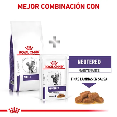 Royal Canin Expert Adult y Royal Canin Expert Neutered Maintenance, finas láminas en salsa. Texto: Mejor combinación con. Imagen de croquetas en salsa.