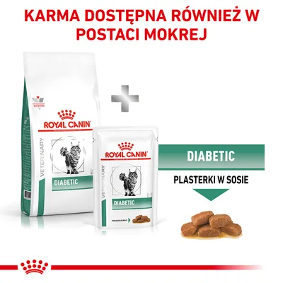 Karma Royal Canin Veterinary Diabetic dla kotów, dostępna w wersji suchej i mokrej. Na opakowaniu napis: DIABETIC PLASTERKI W SOSIE.
